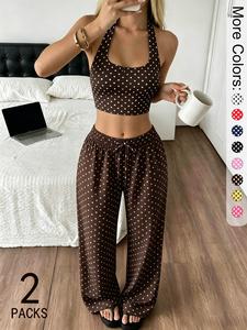 2 Pack Women's Polka Dot Halter Top & Capri Pants Set, Slim Fit 2-Piece Summer Outfits, Trendy Boho Streetwear with Clean Girl Vibe, Perfect for Daily Wear & Vacation