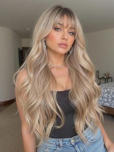 24 Inch Long Curly Wig for Women, Elegant Synthetic Hairpiece with Bangs, Natural Look, Comfortable Fit, All Seasons Wear, Blonde Colored Wig