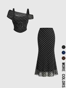 2 Piece  Mesh Outfit Set Women | Off Shoulder Ruched Crop Top + High Waist Mermaid Midi Skirt | French Chic Style for Date Night Vacation Matching Clothing Set