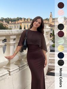Elegant Cape Sleeve Midi Dress, Slim Fit Pleated Design, Perfect for Wedding Guests, Party Wear, Women's Fashion, Womenswear
