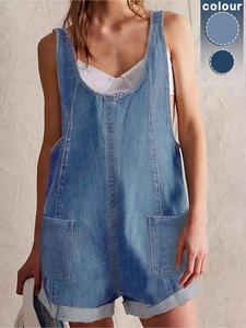 Women's Solid Color Denim Overalls, Casual Comfy Sleeveless Overalls for Daily Wear, Ladies Clothes for Spring & Summer, Womenswear, Dungarees
