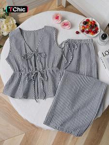 Women's Striped Sleeveless Drawstring Waist Top and Straight Leg Pants Set, Versatile Summer, 2 Piece Set