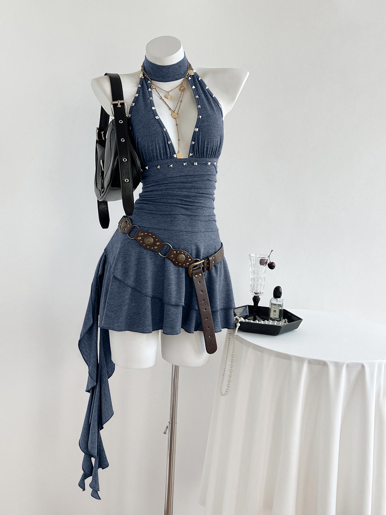 Women's Elegant Summer Halter V-Neck Ruffle Mini Dress, Sleeveless ...