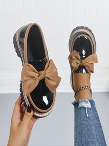Women's Bowknot Loafers, Flat Spring & Fall Casual PU Leather Shoes, Plain Pattern, Less Than Ankle Height, PVC Sole