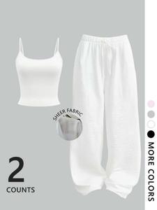 Women's Two-Piece Set, Solid Color Crop Cami Top & Drawstring Waist Pants, Fitted Short Sleeves, All-Season Comfortable