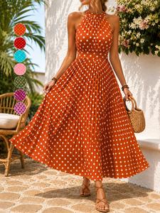 Women's Summer Trendy Polka Dot Halter Midi Dress, Multi-Color Options, Casual Vacation Style, Elegant Daily Wear, Perfect for Summer