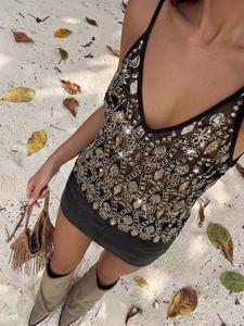 Fashion Transparent Mesh Deep V Backless Top, Sequin Patchwork Design, Chic Street Style, Perfect for Cool Parties and Casual
