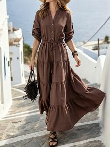 Modest Women's Plain V-Neck Long Dress, Casual Loose-Fitting Fabric Robe, Elegant for Fall Season, New Arrival