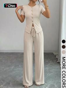 2-Piece Light-Tone Short-Sleeve Wide-Leg Pants Set | Euro-American Lazy Vibe | Button Cardigan + Drawstring Waist | Comfy Pick for Home Relaxing / Café Stops