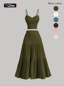 Women's Solid Crop Cami Top & A-line Skirt Two-piece Set, Casual Fashion Cozy Two Piece Outfits for Daily Outdoor Wear, Ladies Clothes for Summer, Womenswear