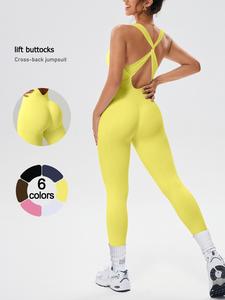 Women's Sporty Jumpsuit Cross-Strap Back Support, Seamless Ribbed High Elasticity, Wear-Resistant, Removable Padding, Show off Curves