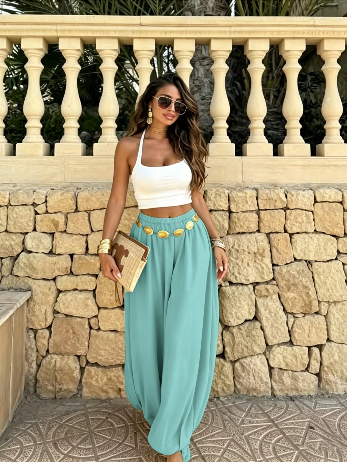 Summer Women's Casual Fashion Solid Color Long Pants, Loose Fit Elastic Waist Lantern Pants, Ideal for Daily Wear, Everyday Bottoms, Womenswear