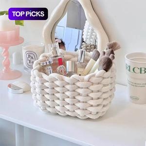 Woven Storage Basket, Portable Handmade Desktop Cosmetics Organizing Storage Basket, Home Organizer for Living Room Bedroom,  Household Items
