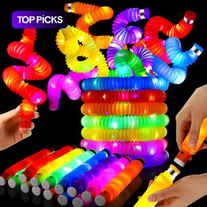 Pop Tube Creative Stress Relief Toy, 12pcs/set Luminous Retractable Tube Toy, Battery Powered Led Light Party Toy, Fun Toy Party Toy Summer Party Favors, Kids Summer Toys