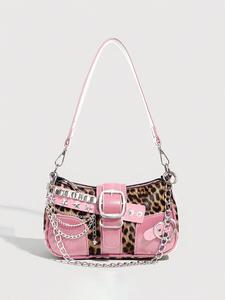 Vintage Y2K Women's Bag, Punk Style Colorblock Star Chain Small Shoulder Crossbody Bag, Detachable Strap, Polyester Lining, Multi-Functional Handbag