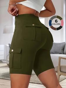 Women's High Waist Pocket Shorts, Slim-Fit Elastic Running Pants, Casual Spring & Fall Outdoor Sports Wear, Comfortable Fit