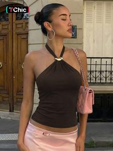Women's Solid Color Metal Decor Tie-neck Halter Cami Top, Sexy Backless Sleeveless Lace-up Plain Slim Fit Camisole Tank Top, Party Club Date Holiday Daily Casual Crop Tops Shirt For Ladies All Seasons Summer Fashion Clothes Wear