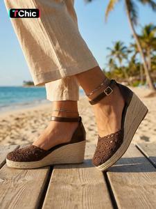 Women's Crochet Lace Woven Wedge Sandals, Breathable Knit Upper, Adjustable Ankle Strap, Comfortable Thick Sole, Summer Beach Vacation, Strappy Summer Sandals