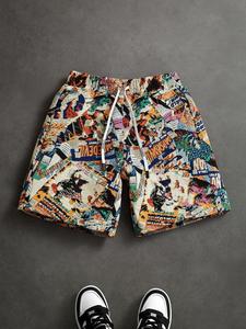 Men's Retro Comic Style Casual High Street Shorts, Loose Fit with Drawstring Waist, Full Print, Summer Cool Breathable Essential