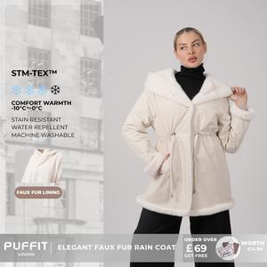 PUFFIT STM-TEX Faux Fur Lining Mid Length Rain Coat,Adjustable Waist Design,Oversized Eco-Friendly Fleece Hood,Offering Warmth, Comfort, And An Elegant, Premium Feel,Beauty And Warmth For Both Style