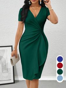 Spring Summer Knot Bodycon Party Dress, V Neck Ruffle Wrap Midi Dress, Waist Cinch Wrinkle Slim Design, Formal Dress for Evening Events