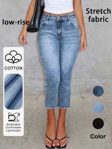 Women's Denim Capri Pants, High Waist, Fitted, Fringe Design, Button Fly, All Seasons, Elegant Style, Perfect for Casual Wear
