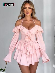 Women's Plain Off Shoulder Ruffle Halter Romper, Summer Clothes Women, Sexy Flounce Sleeve Romper for Spring & Fall, Holiday Outfits 2024, Summer Outfits 2024