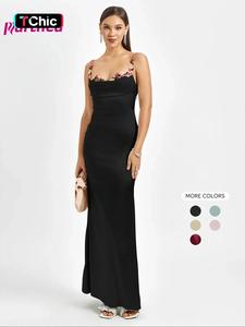 Parthea Women's Plain Floral Decor Ruched Backless Bodycon Spaghetti Strap Cami Dress, Elegant Tie Back Sleeveless Long Dress for Party Club Dating Evening Wear, Ladies Summer Clothes, Womenswear, Fit