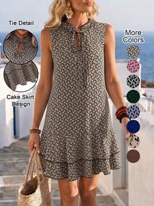 Women's All Over Geometric Print Frill Trim Tie Neck Tiered Layer Ruffle Hem Tank Dress, Casual Sleeveless  Short Dress for Summer, Ladies Clothes for Beach Holiday Vacation,  Boho Dresses