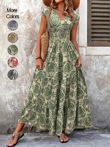 Women's All Over Print Shirred Dress, Boho Fashion Short Sleeve V Neck Dress for Daily Holiday Vacation Wear, Women Dress for Summer