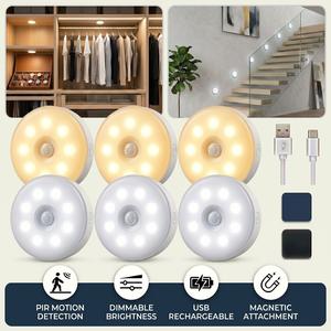 3/4/5/6pcs Smart Rechargeable Motion Sensor Night Light, 8LEDs Auto Wall Lights, Auto Under-cabinet Lights, USB Rechargeable Automatic Indoor Lighting,3 lighting modes & Dimmable Lighting, Indoor Motion Sensor Light for Kitchen Stair Closet Under Cabinet