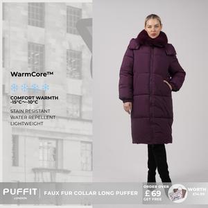 PUFFIT WarmCore Premium Long Puffer with Removable Faux Fur Collar, Detached Hood, and Double-open Zip,High-quality Eco-Friendly Fur Collar,Elegance and Luxury,Better Enhancing The Body Shape