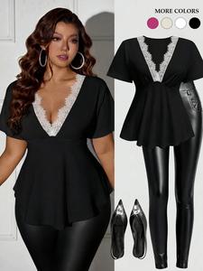 Women's Plus Size Lace Trim V-Neck Peplum Top Short Sleeve Contrast Lace Blouse Tummy Control Flowy T-Shirts Elegant Night Out Party Casual Clubwear Y2K Spring