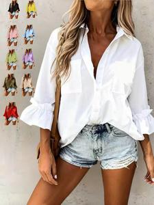 Women's Fashion Casual Seven-Quarter Sleeve Blouse with Ruffle Cuffs, Stylish and Simple Design, Perfect for Daily Wear