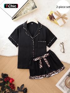 Women's Leopard & All Over Print Button Pajama Set, Casual Comfy Short Sleeve Top & Shorts Pj Set, Ladies Summer Sleepwear