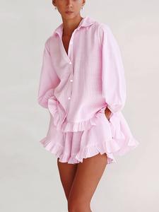 Women's Two-Piece Set Striped Long Sleeve Bubble Sleeve Ruffle Shirt Shorts, Casual Vacation Style Clothing