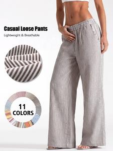 Women's Striped Print Linen Pants, Casual Comfy Elastic Waist Trousers for Outdoor Wear, Ladies Bottoms for All Seasons