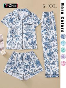 Three-Piece Set Women's Floral Print Button Front Pocket Blouse & Elastic Waist Shorts & Contrast Binding Pants Pyjama Set, Fall Casual Comfy Breathable Three-piece PJ Set for Daily Wear Back To School, Ladies Sleepwear & Loungewear for Fall, Pajamas