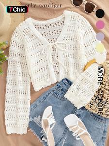 Women's Plain Hollow Out Tie Front Sweater Cardigans, Elegant Casual Long Sleeve Knit Top for Summer, Fashion Women's Knitwear for Daily Wear