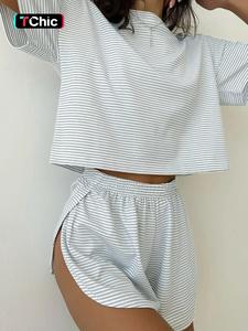 Women's Striped Print Drop Shoulder Tee & Wrap Split Shorts Pyjama Set, Loose Casual Comfy Round Neck Short Sleeve T-shirt & Elastic Waist Shorts Pj Set, Summer Outfits 2024, Loungewear