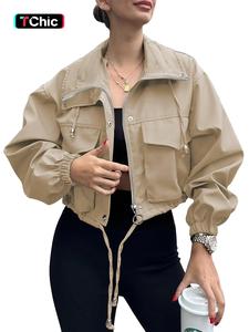 Women's Solid Zip Up Drawstring Hem Jacket, Casual Long Sleeve Collared Outerwear for Spring & Fall, Ladies Clothes for Daily Wear