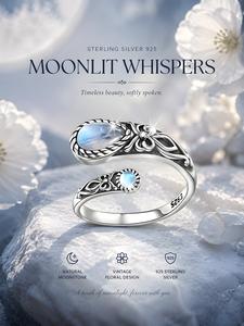 Vintage Bohemian Women's S925 Silver Moonstone Fashion Ring, Adjustable Open Spoon Shape, Anti-Allergy, Daily Wear Jewelry Gift, Elegant Everyday Ring, Unique Rings