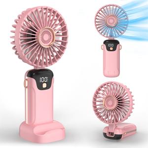 Portable Handheld Fan, USB Rechargeable Fan with LED Display, 90° Foldable Desk Fan with Base, 5 Speed Makeup Fan for Women