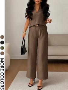 Women's Fashion Casual Versatile V Neck Sleeveless Top with Loose Straight Leg Pants Set, 2 Piece for Daily Wear