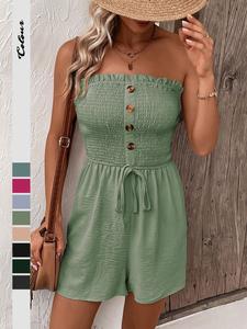 Women's Frill Trim Shirred Ruched Tie Front Bandeau Romper, Basic Strapless High Waist Jumpsuits for Women , Lady Summer Outfits 2024, Comfort Rompers, Playsuits for Women, Hide Tummy Outfits UK
