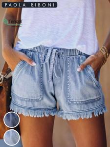 Women's Plain Drawstring Waist Denim Shorts, Summer Outfits 2024, Casual Fashion Pocket Jean Shorts for Daily Wear, Ladies Summer Bottoms, Holiday Outfits 2024, Summer Outfits