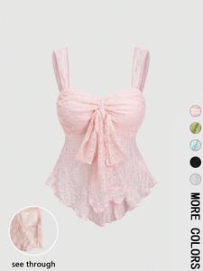 Romantic Lace Camisole Top for Women, Thin Straps, Butterfly Knot Front, Ruched Bust, Summer Fashion, Slim-Fitting, Plain Pattern