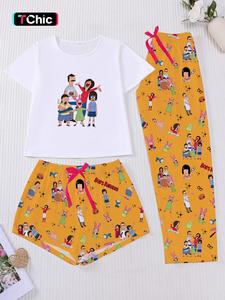 Women's Bob's Burgers Cartoon All-Over Print Pajama Set, Short-Sleeve & Long Shorts Loungewear, Three-Piece Sleepwear