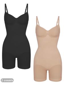Women's Solid Scoop Neck Shapewear Cami Romper, Casual Tummy Control Butt Lifting Shapewear Bodysuit, Ladies Clothes for Indoor Outdoor Wear