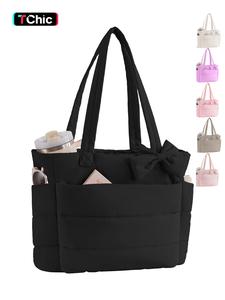 【Valentine's Day】Puffer Tote Bag for Women, Quilted Bow Tote Bag, fashionable tote bag, with Cup Holder & 15.6 In Laptop Compartment for Work, Travel, Gym, College，Valentine's Day, Christmas and Thanksgiving Day gifts